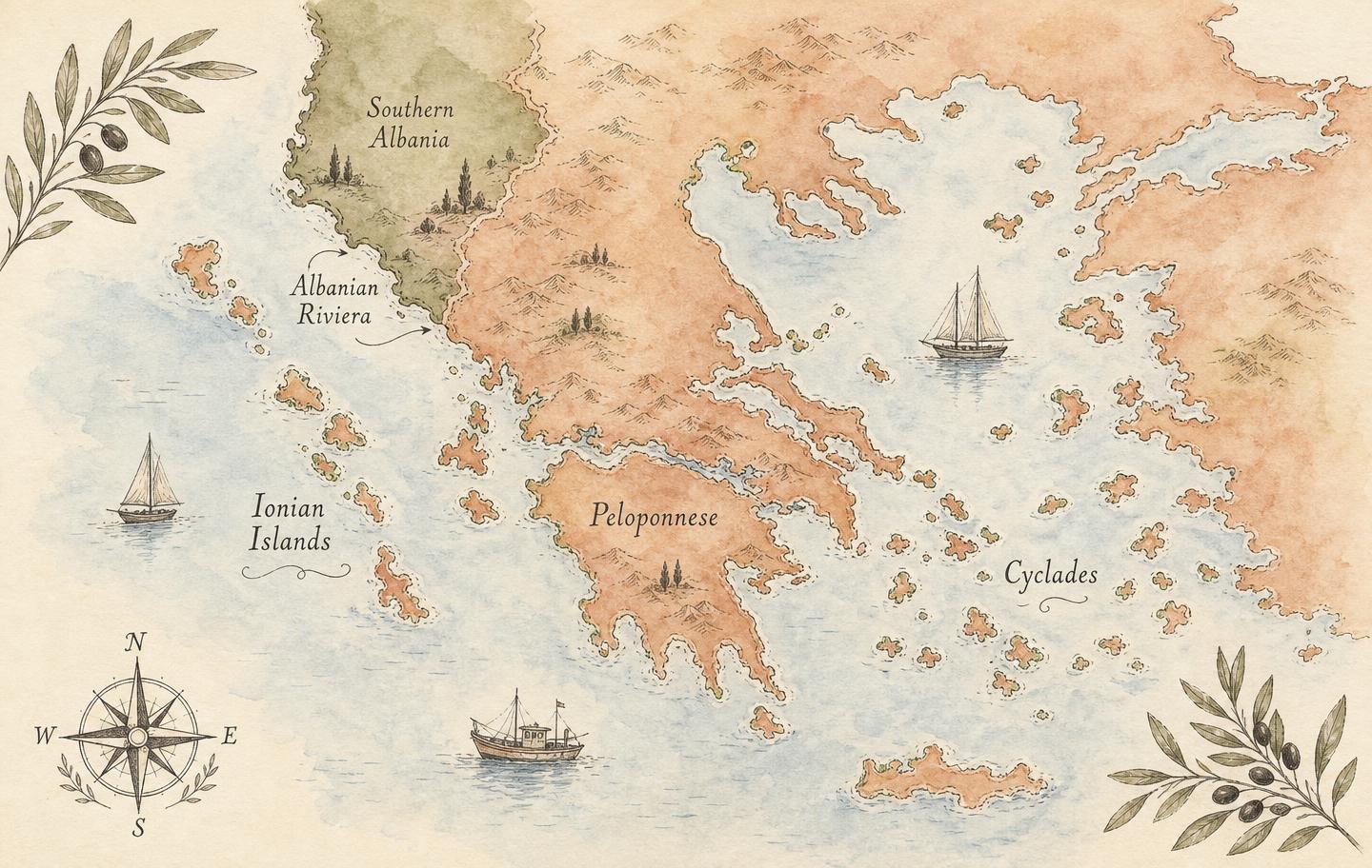 Hand-drawn illustrated map of Greece and Albania with labelled regions